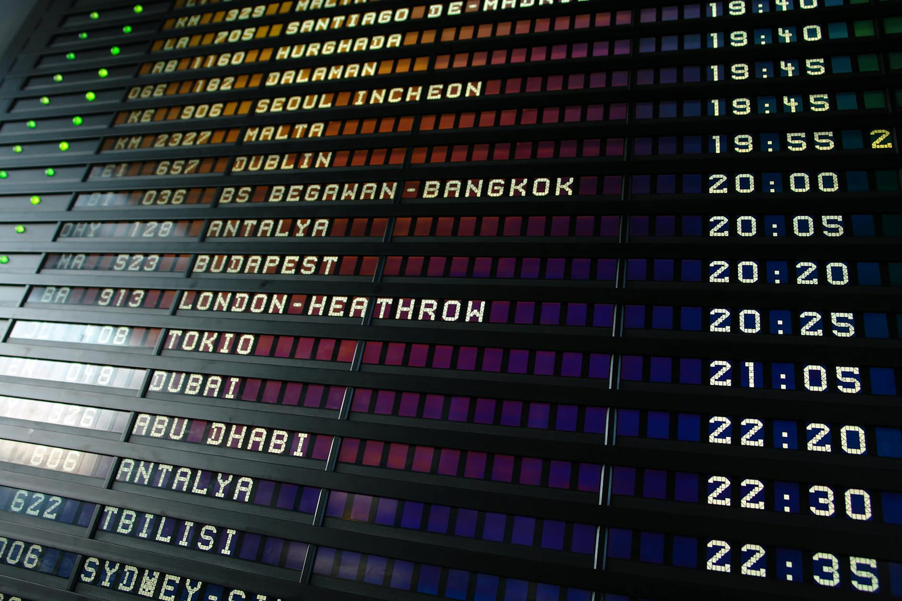 Retro flip-style airport departure board showing international flight destinations and times. on Miles and Memories